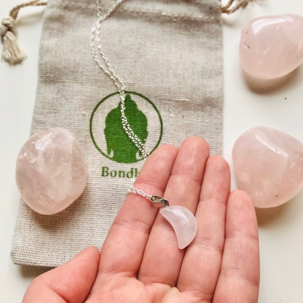 Genuine Rose Quartz crescent moon pendant on sterling silver chain